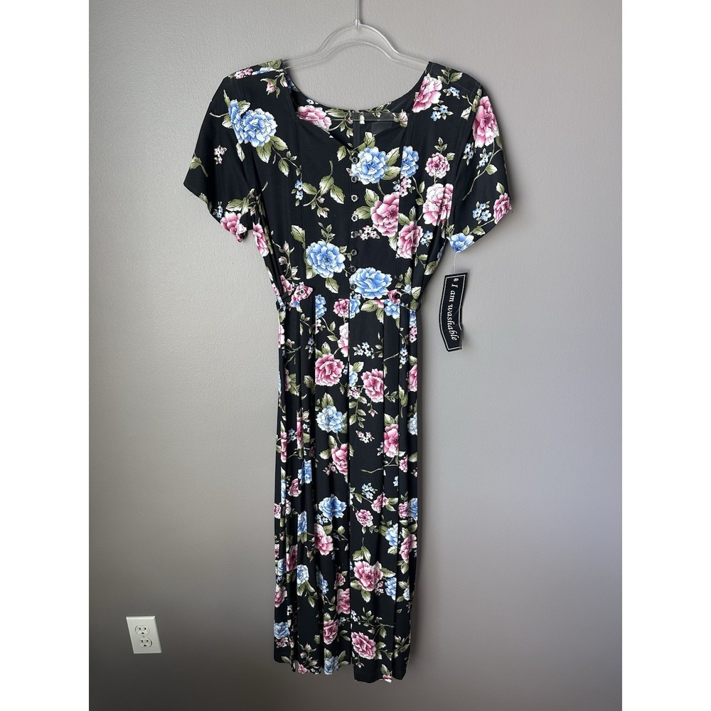 Vintage Erika Maxi Dress Women's Small Black Floral Print Tie Waist 90s Mom NWT - Picture 5 of 14